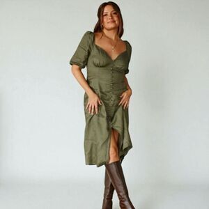 Olive Green Puff Sleeve Faux Button Front Midi Dress Sweetheart Neckline Flowy